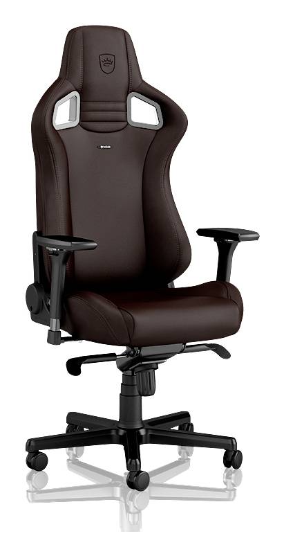 Brauner ergonomischer Bürostuhl mit hoher Rückenlehne, gepolstertem Sitz, verstellbaren Armlehnen und fünfrädrigem Fuß auf weißem Hintergrund.