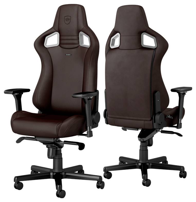 Vorder- und Rückansicht eines braunen ergonomischen Drehbürostuhls mit schwarzer Basis, Armlehnen und fünf Lenkrollen.
