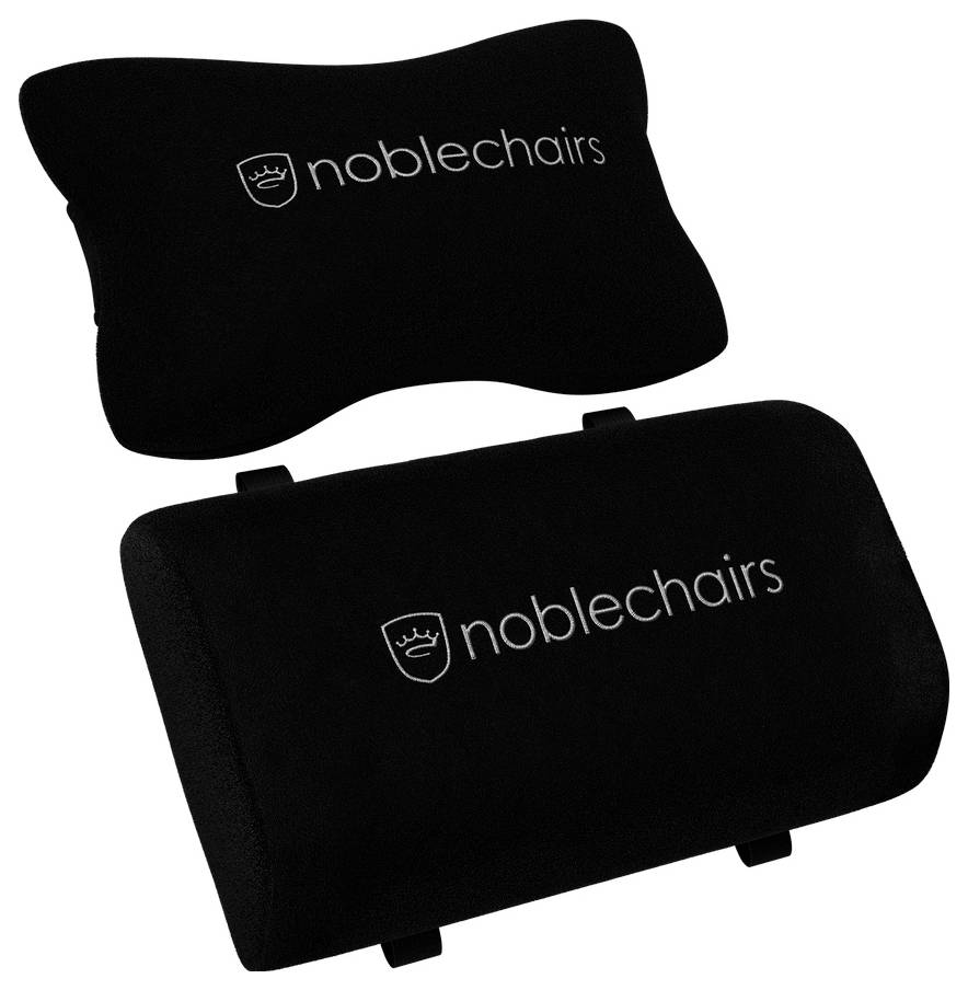 Zwei schwarze 'noblechairs' Lendenwirbelstützkissen mit einem konturierten Kissen und einem rechteckigen Rückenstützkissen auf weißem Hintergrund.