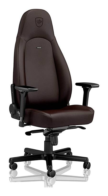 Dunkelbraun ergonomischer drehbarer Bürostuhl mit schwarzen Armlehnen, fünf-rädriger Basis und hoher Rückenlehne auf weißem Hintergrund.