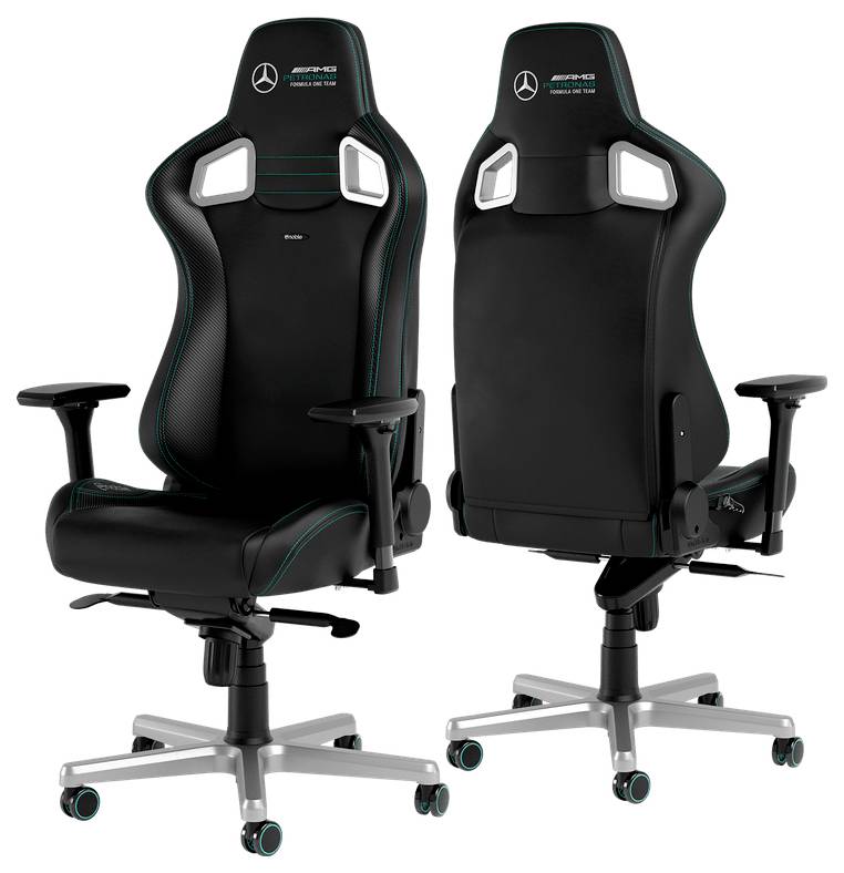 Schwarzer Mercedes-AMG Petronas Formel-1-Team-Gaming-Stuhl, von vorne und hinten dargestellt, mit Türkis-Akzenten, Armlehnen und fünfrädriger Rollenbasis.