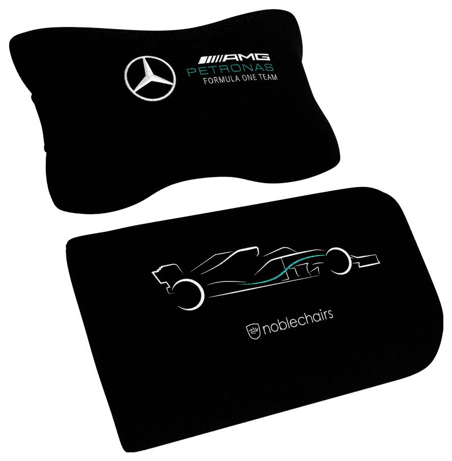 Zwei schwarze Kissen oder Matten mit Mercedes-AMG Petronas Formula-One-Team-Branding, eine mit Mercedes-Logo und eine mit stilisiertem Rennwagen und „noblechairs