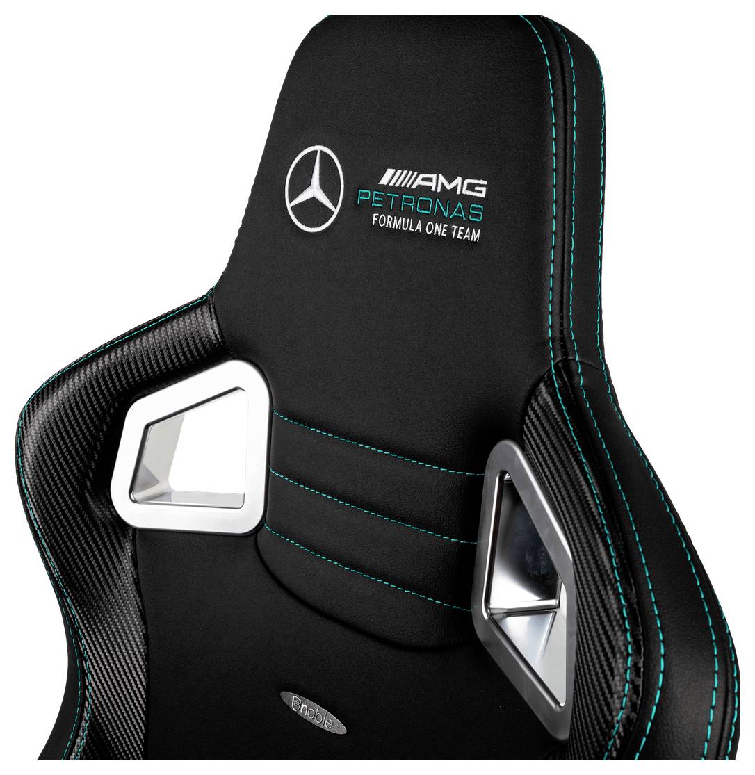 Schwarzer Rennfahrersitz des Mercedes-AMG Petronas Formula-One-Teams mit Seitenstützen aus Kohlefaser und silbernen Ausschnittakzenten