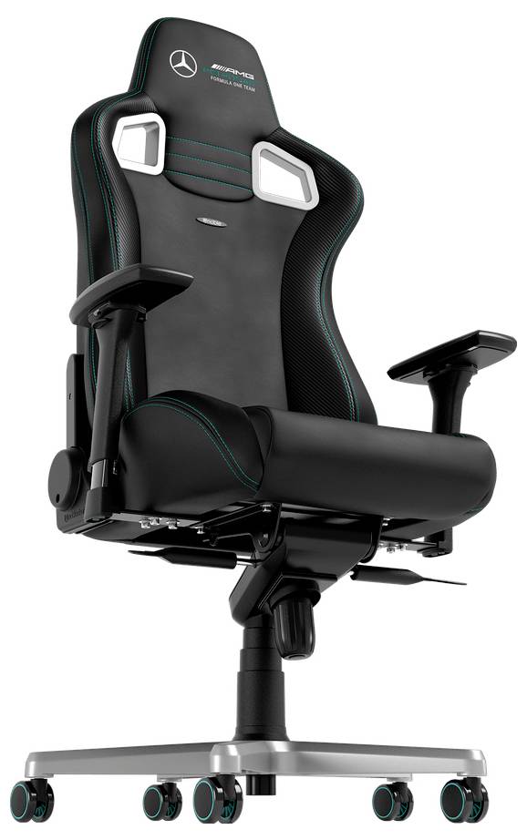 Schwarzer Mercedes-Benz Gaming-Stuhl mit petrolgrünen Akzenten, Kopfstützen-Logo, Armlehnen und fünfrädriger Basis auf weißem Hintergrund.