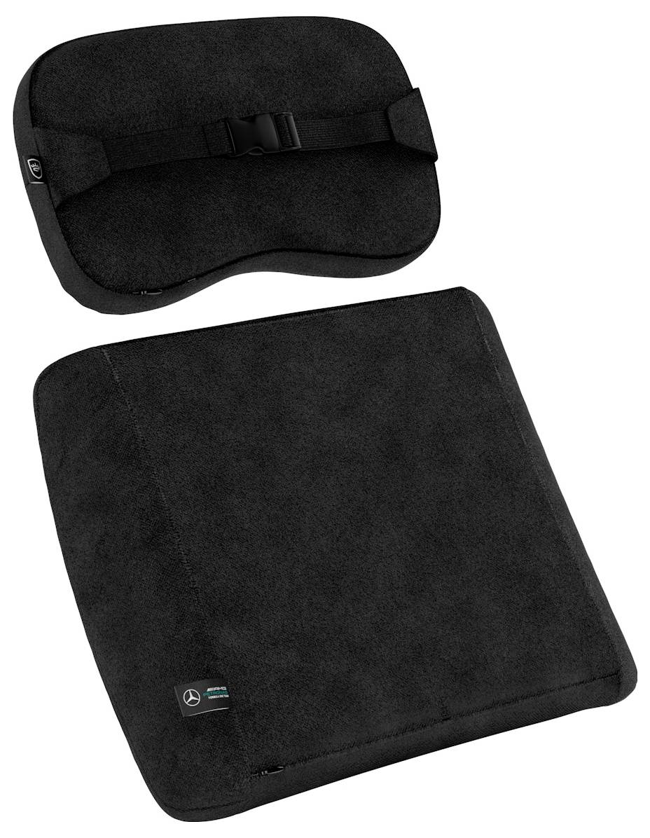 Schwarzes ergonomisches Kissenset mit einem geformten Lendenwirbelstützkissen und einem quadratischen Sitzkissen, beide mit abnehmbaren Gurten.