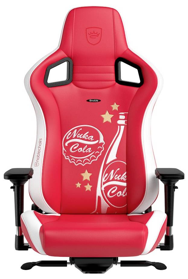 Rot-weiß gepolsterter Gaming-Stuhl mit Nuka-Cola-Branding und Sternen, mit schwarzen Armlehnen und Seitenstützen auf weißem Hintergrund.