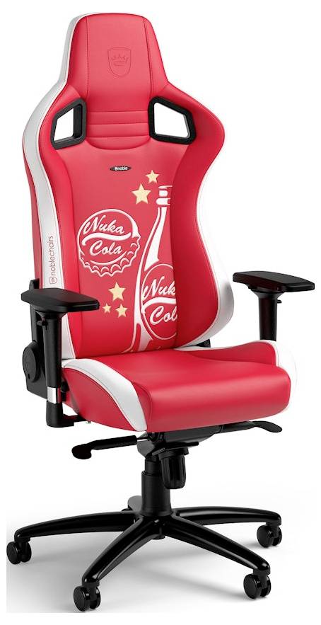 Roter Gaming-Stuhl mit Nuka-Cola-Branding, schwarzen Armlehnen und fahrbarer Basis auf weißem Hintergrund.