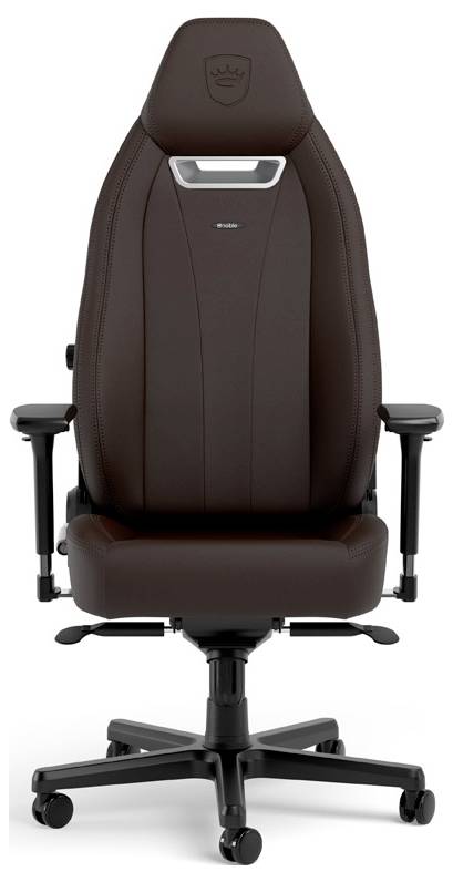 Brauner ergonomischer Bürostuhl mit Kopfstütze, gepolstertem Sitz, verstellbaren Armlehnen und fünfrädrigem Sockel auf weißem Hintergrund.