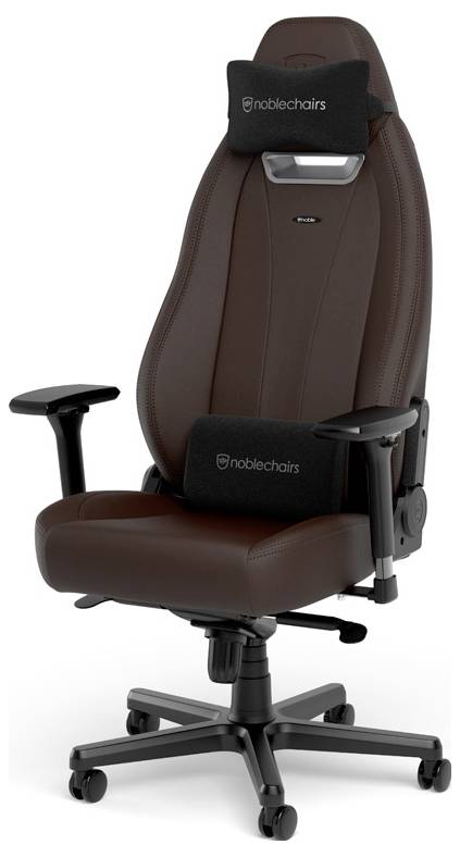 Brauner ergonomischer Bürostuhl mit schwarzen Armlehnen, Kopfstütze und fünfrädrigem Fuß auf weißem Hintergrund.