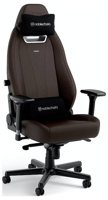 Braun und schwarz ergonomischer Bürostuhl mit Kopfstütze, Armlehnen und fünfrädrigem Fuß, Marke 'noblechairs'.
