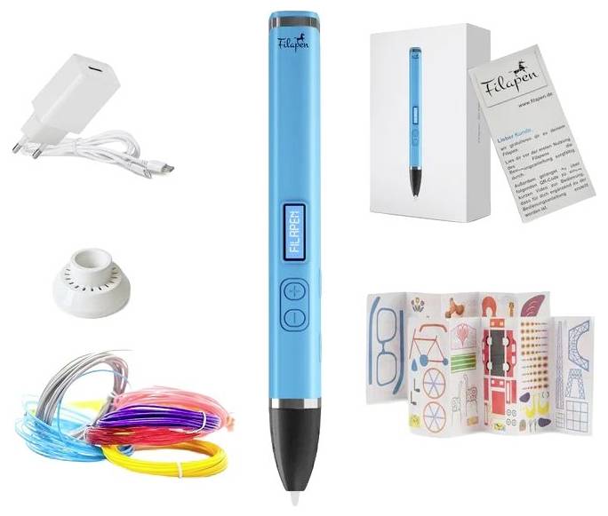 Blue Filapen 3D-Stiftset mit Stift, Netzteil, Filament, Ständer, Box und Anleitung.