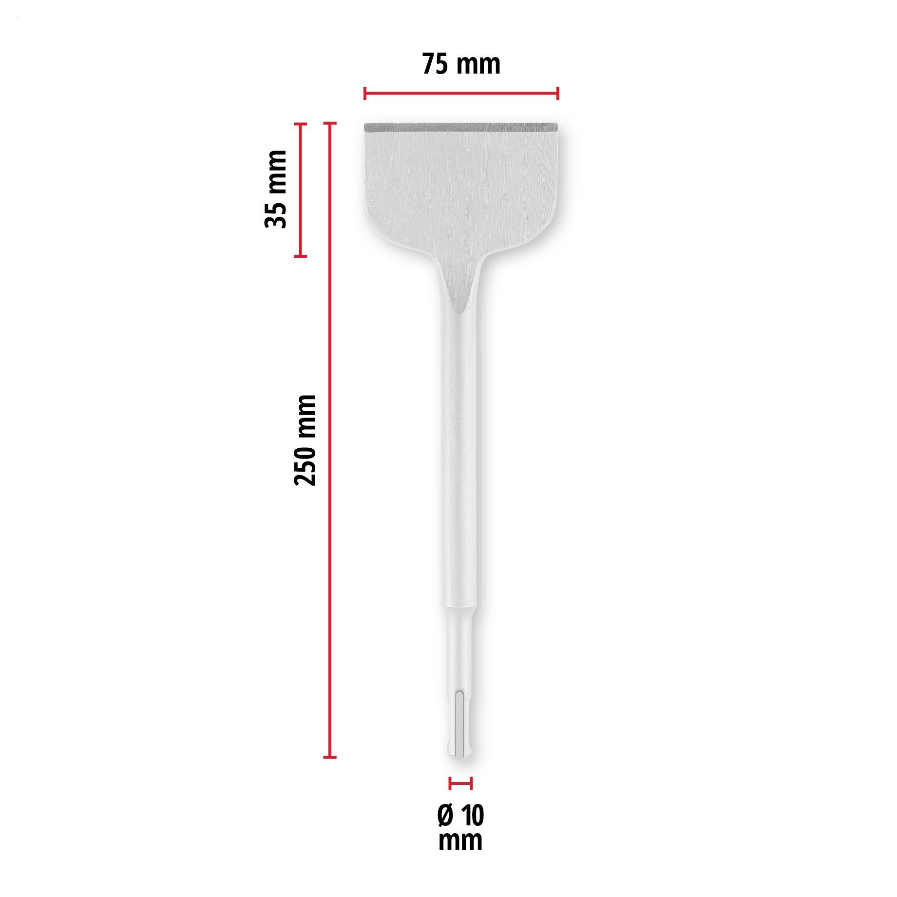 Diagramm eines weißen quetschertartigen Werkzeugs mit beschrifteten Abmessungen: 75 mm breit, 250 mm lang, 35 mm Kopfhöhe und 10 mm Griffbreite.