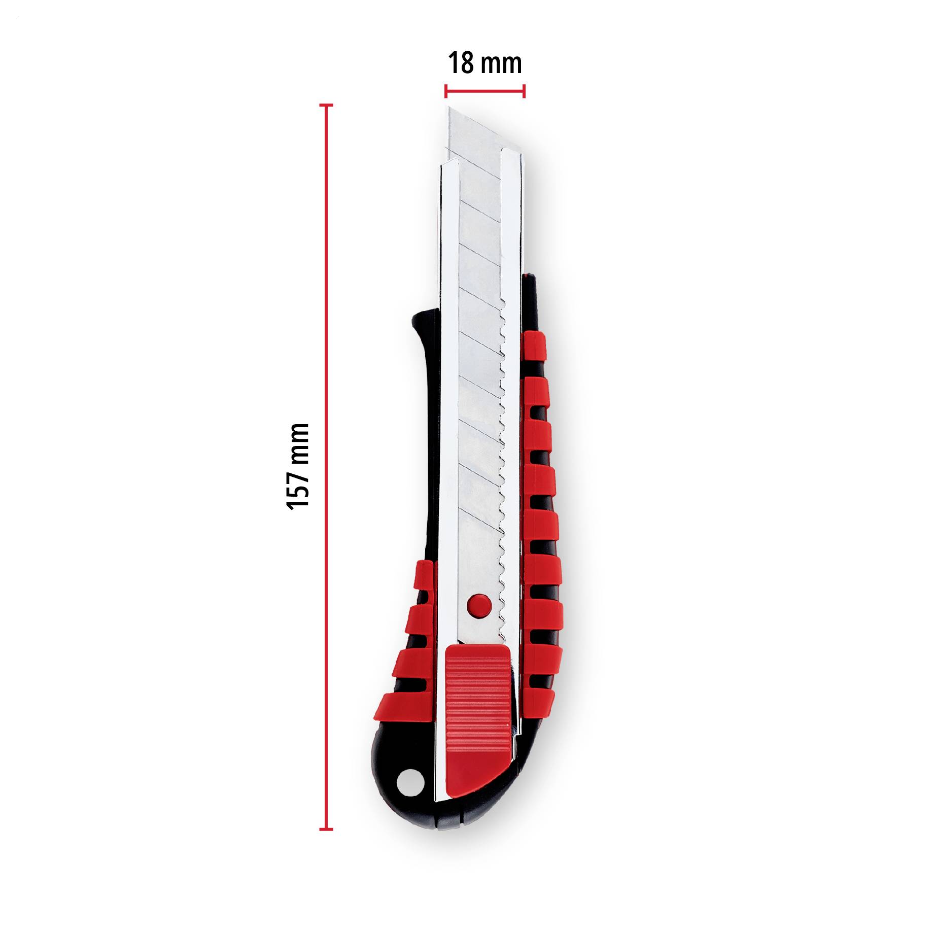 Produktbild eines einziehbaren Universalmessers mit rot-schwarzem Griff, mit den beschrifteten Abmessungen 157 mm lang und 18 mm breit.
