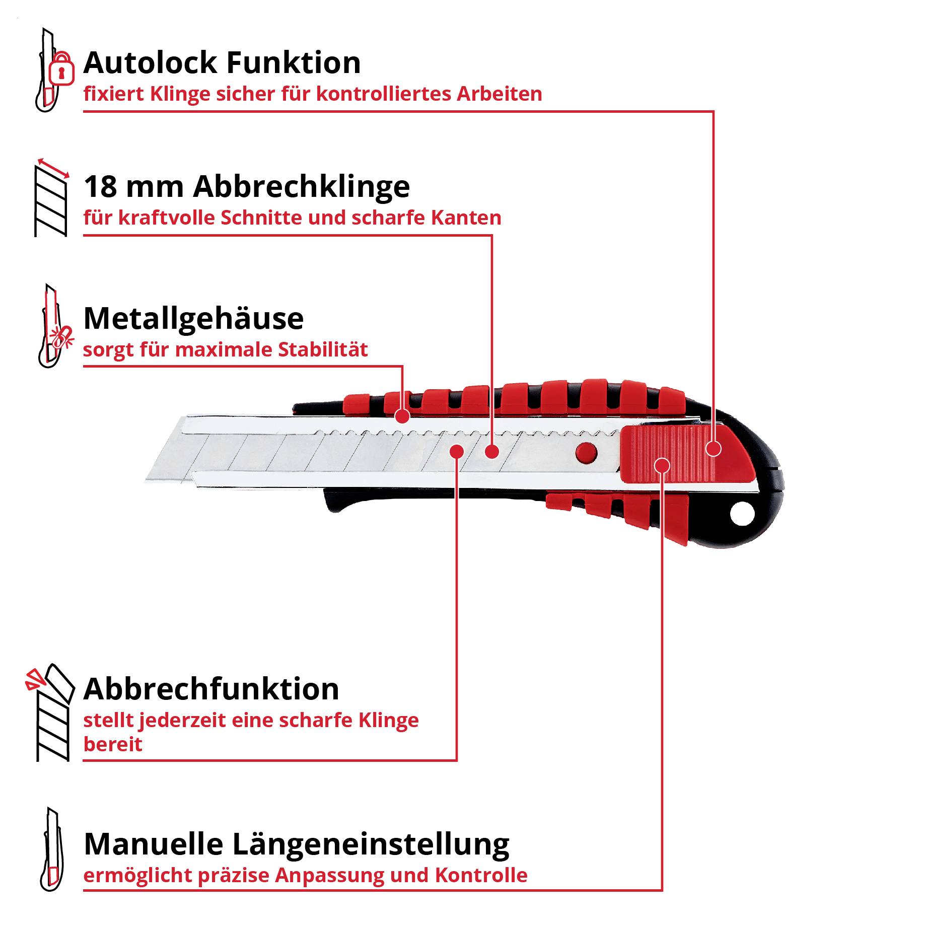 Einhell 15119 Einhell Abbrechklingenmesser 18 mm (Metallgehäuse, Abbrechklinge, Edelstahlführung, Autolock-Funktion, manuelle Längeneinstellung, vi