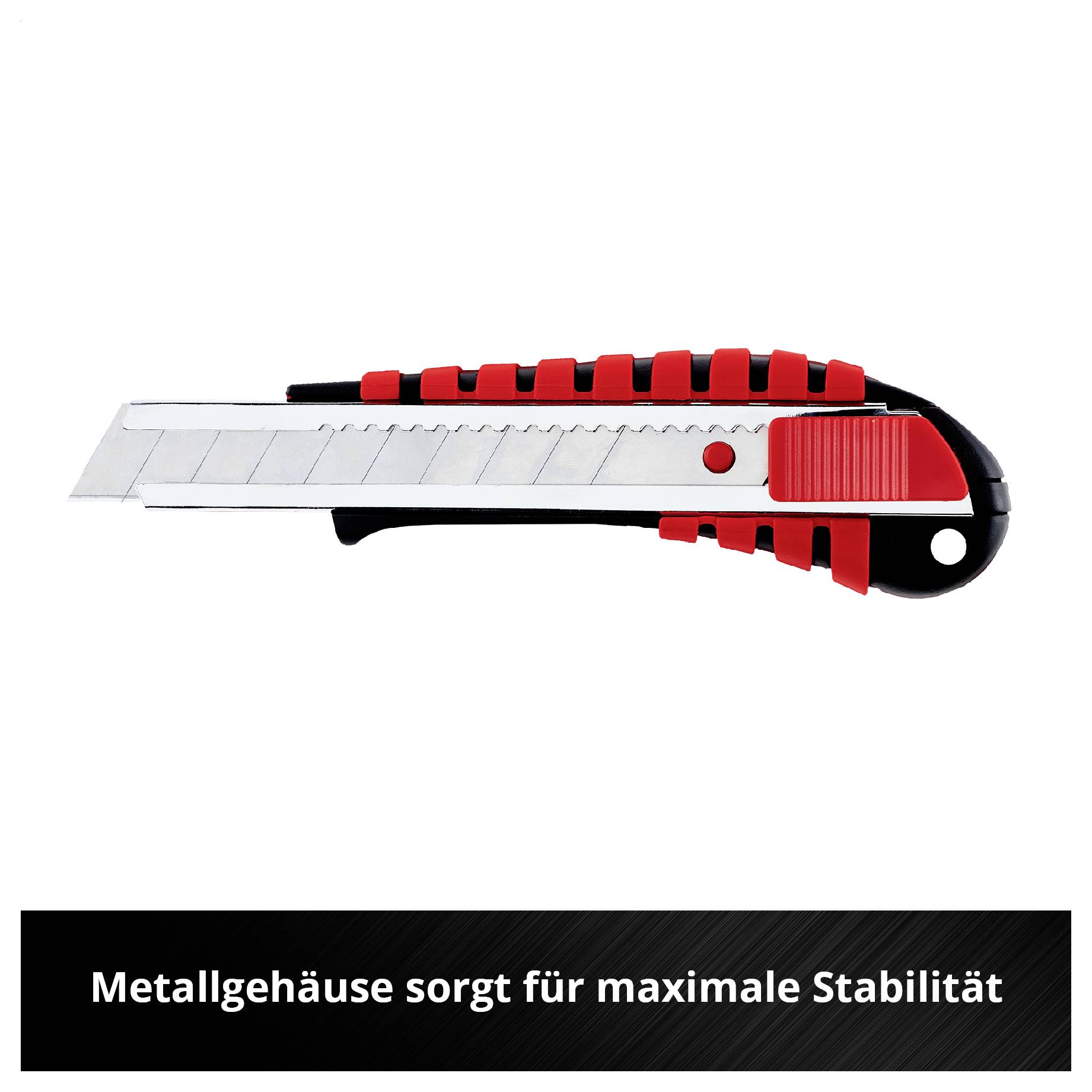 Cuttermesser mit rotem Griff und Metallgehäuse; darunter steht 'Metallgehäuse sorgt für maximale Stabilität'.