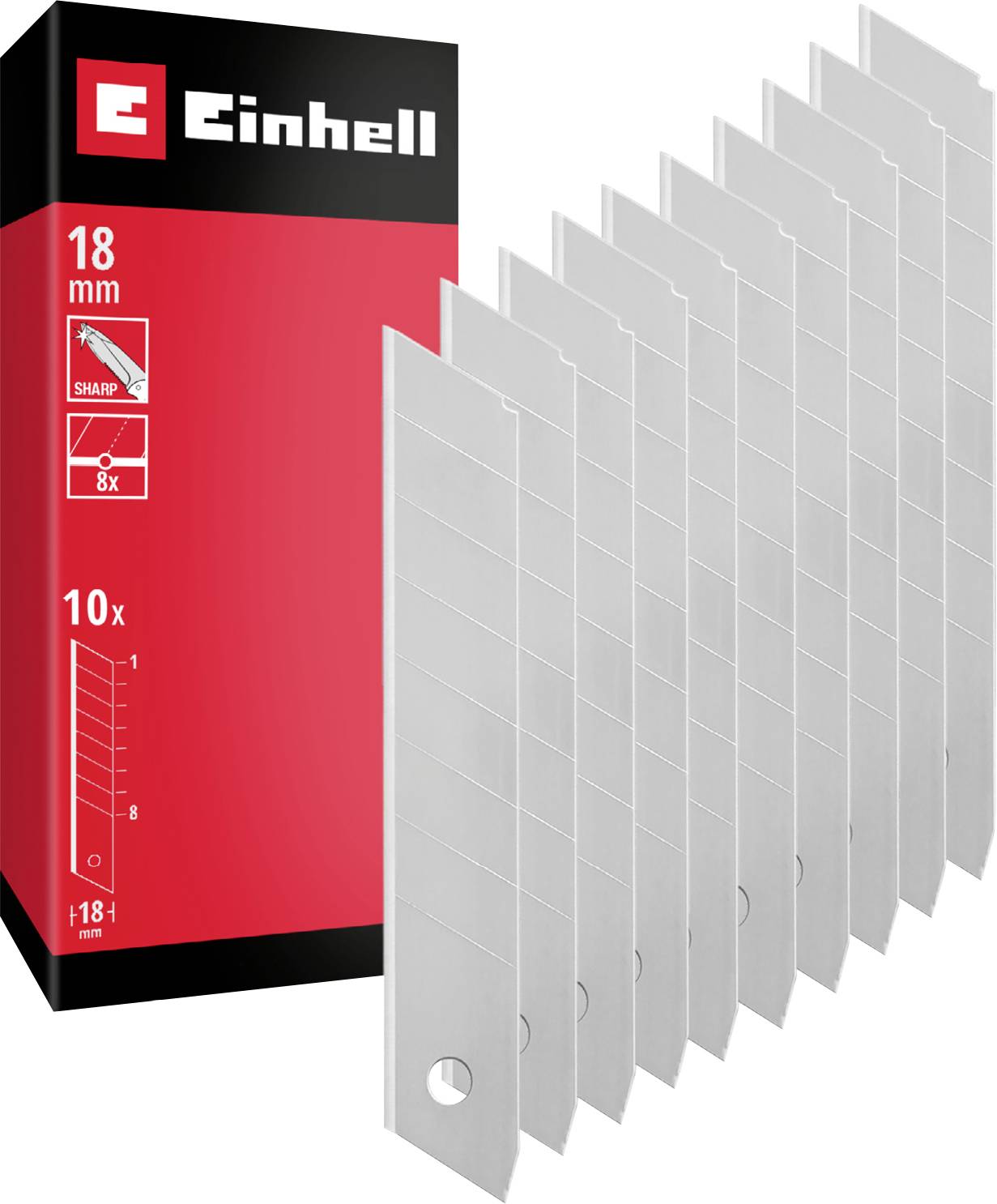 Einhell-Paket mit 10 scharfen 18-mm-Universalmesserklingen, dargestellt neben gestapelten silbernen Ersatzklingen.