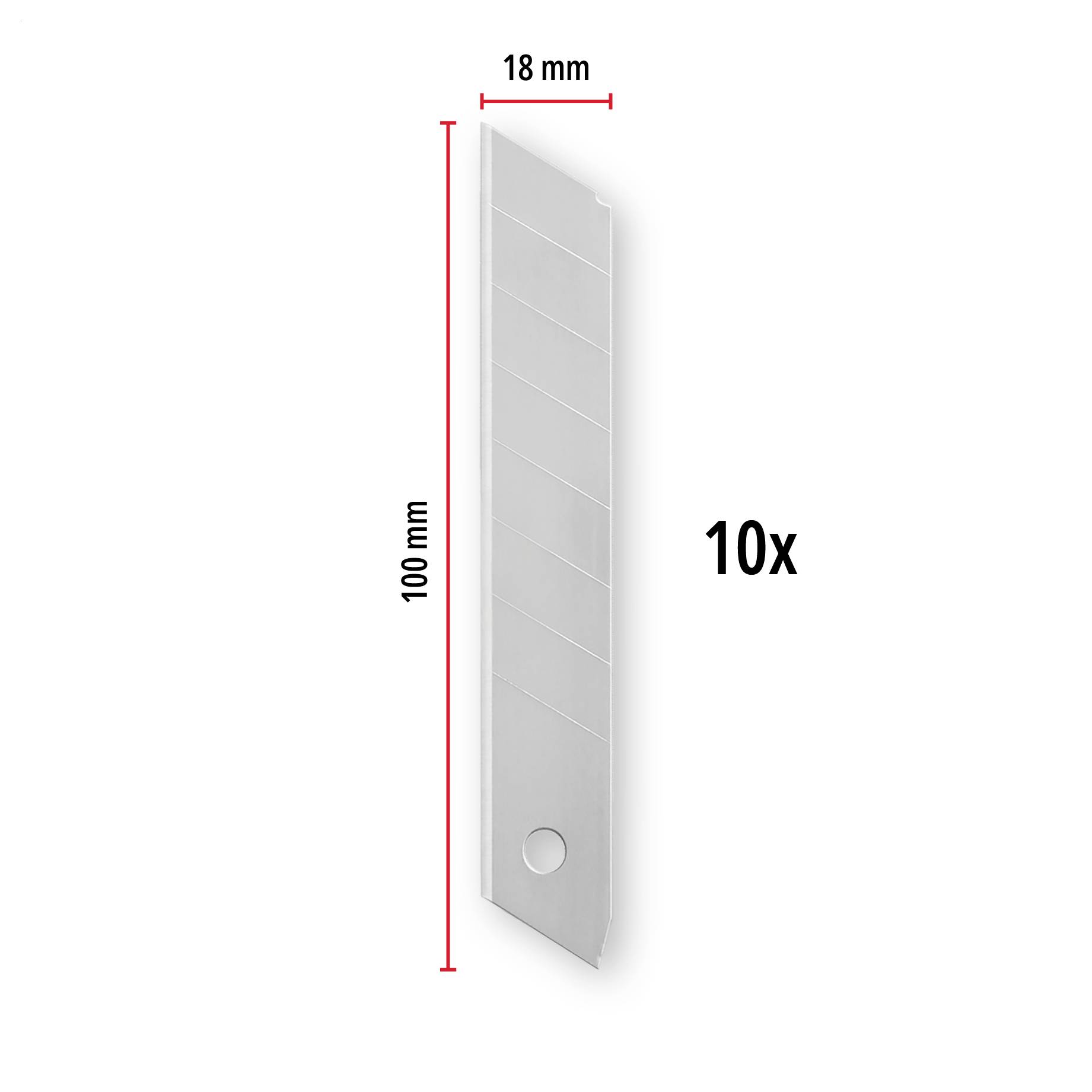 Produktbild von 10 grauen abbrechtbaren Universalmesserklingen, gekennzeichnet mit 100 mm Länge und 18 mm Breite.