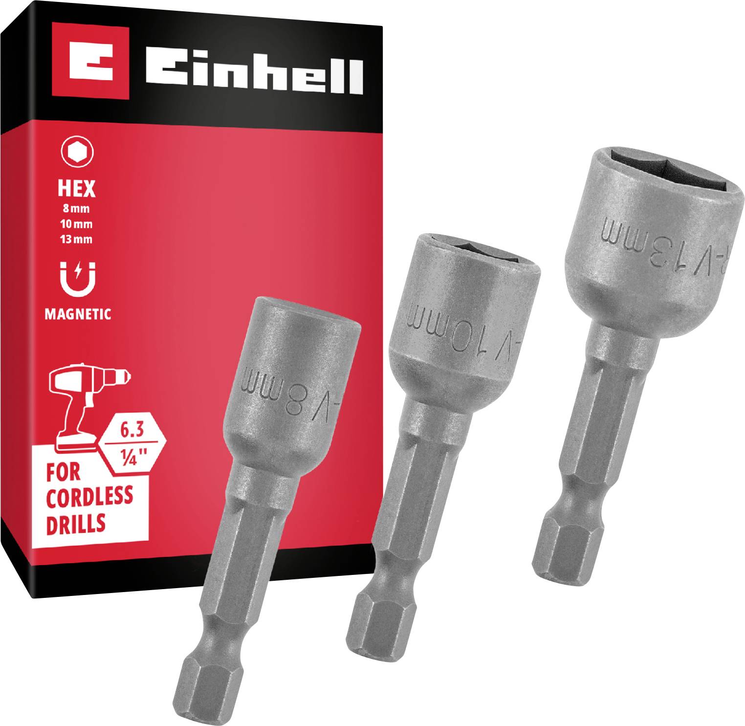 Einhell Bit-Set für Akku-Bohrschrauber: magnetische 8, 10 und 13 mm HEX-Stecknüsse mit 1/4