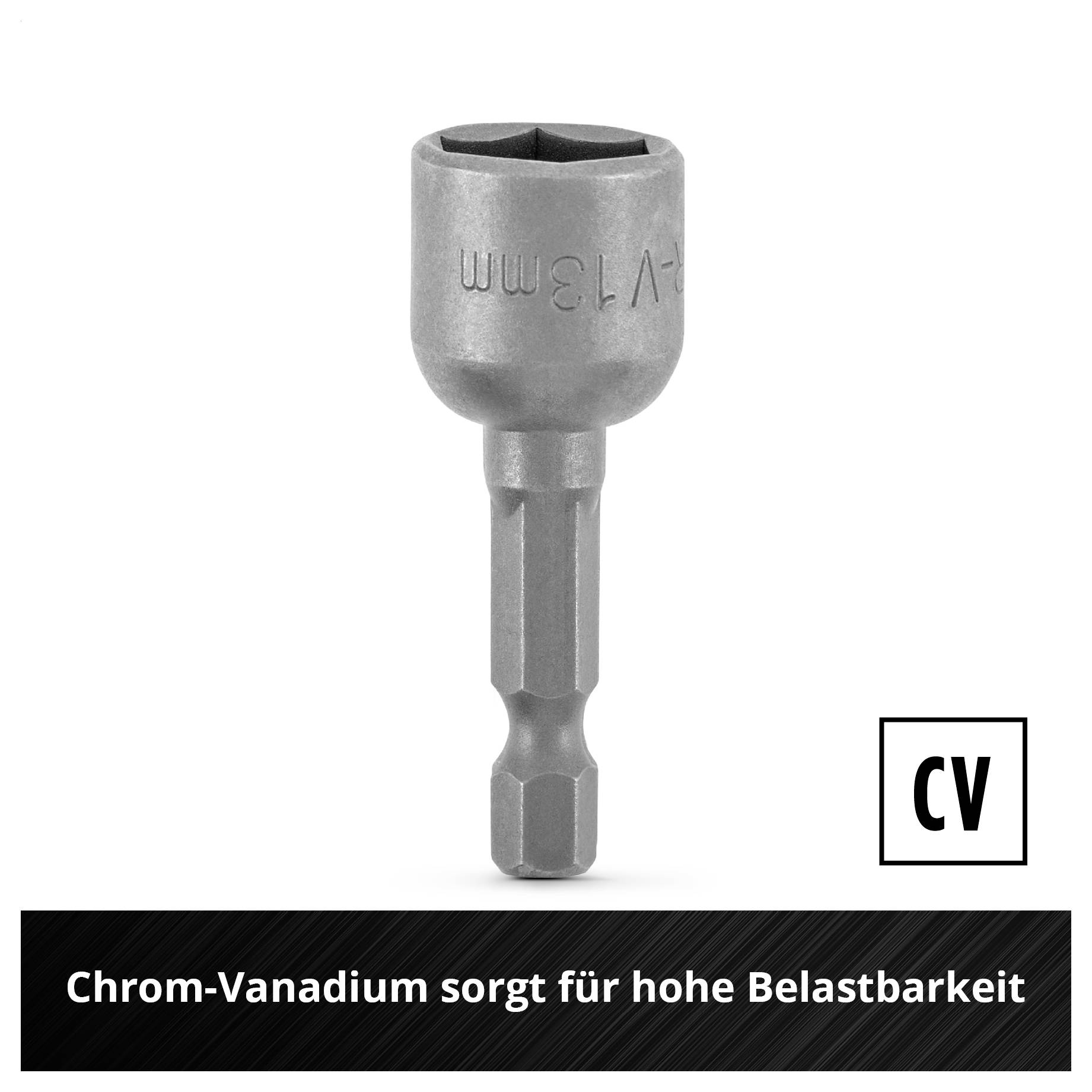 Chrom-Vanadium-Bit mit Stecknussaufsatz; Text: 'Chrom-Vanadium sorgt für hohe Belastbarkeit' und 'CV'.