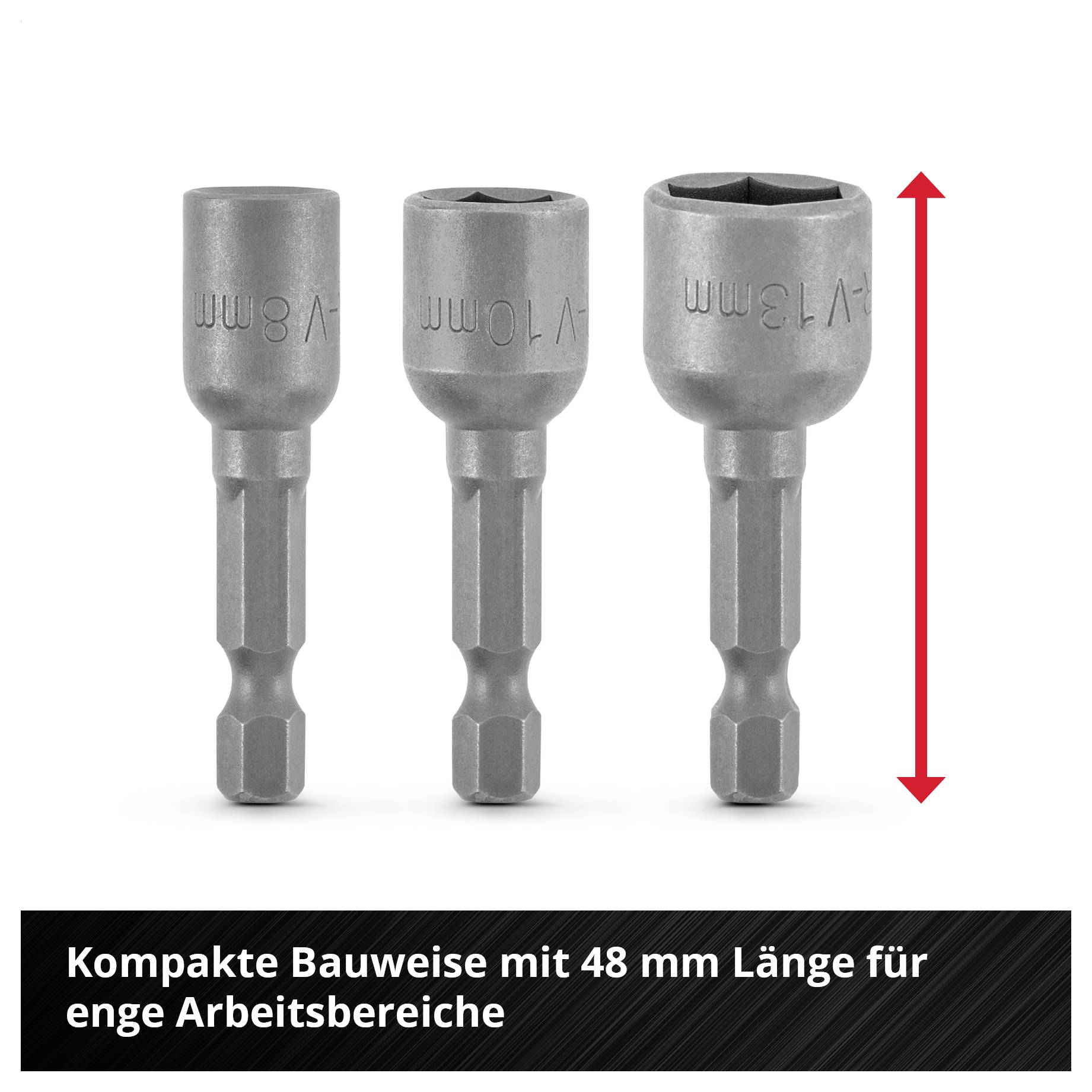 Produktbild mit drei kompakten Schrauber-Bit-Stecknüssen; Markierung '48 mm' und Hinweis auf kompakte Bauweise für enge Arbeitsbereiche.