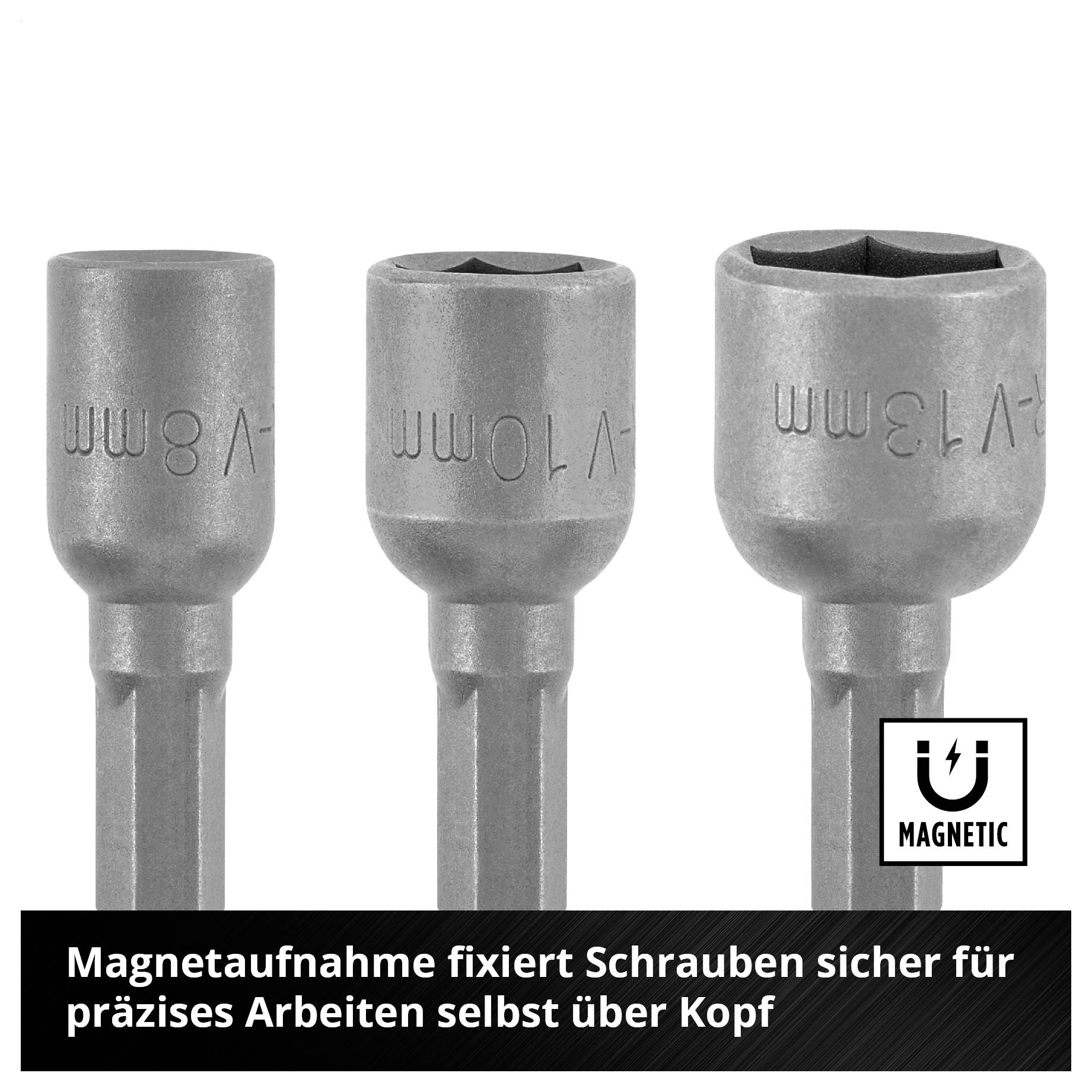 Drei magnetische Schraubaufsätze in verschiedenen Größen; Text: 'Magnetaufnahme fixiert Schrauben sicher für präzises Arbeiten selbst über Kopf'.