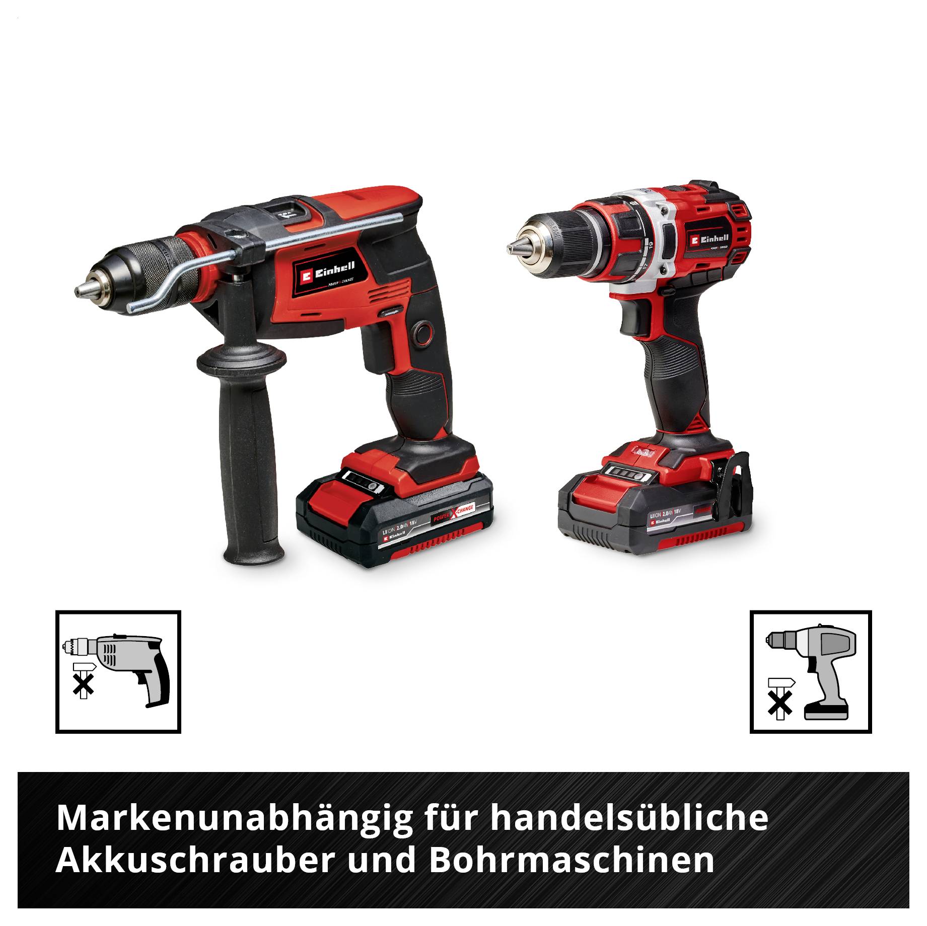 Vergleichsbild mit zwei Akku-Bohrmaschinen; unten steht: 'Markenunabhängig für handelsübliche Akkuschrauber und Bohrmaschinen'.
