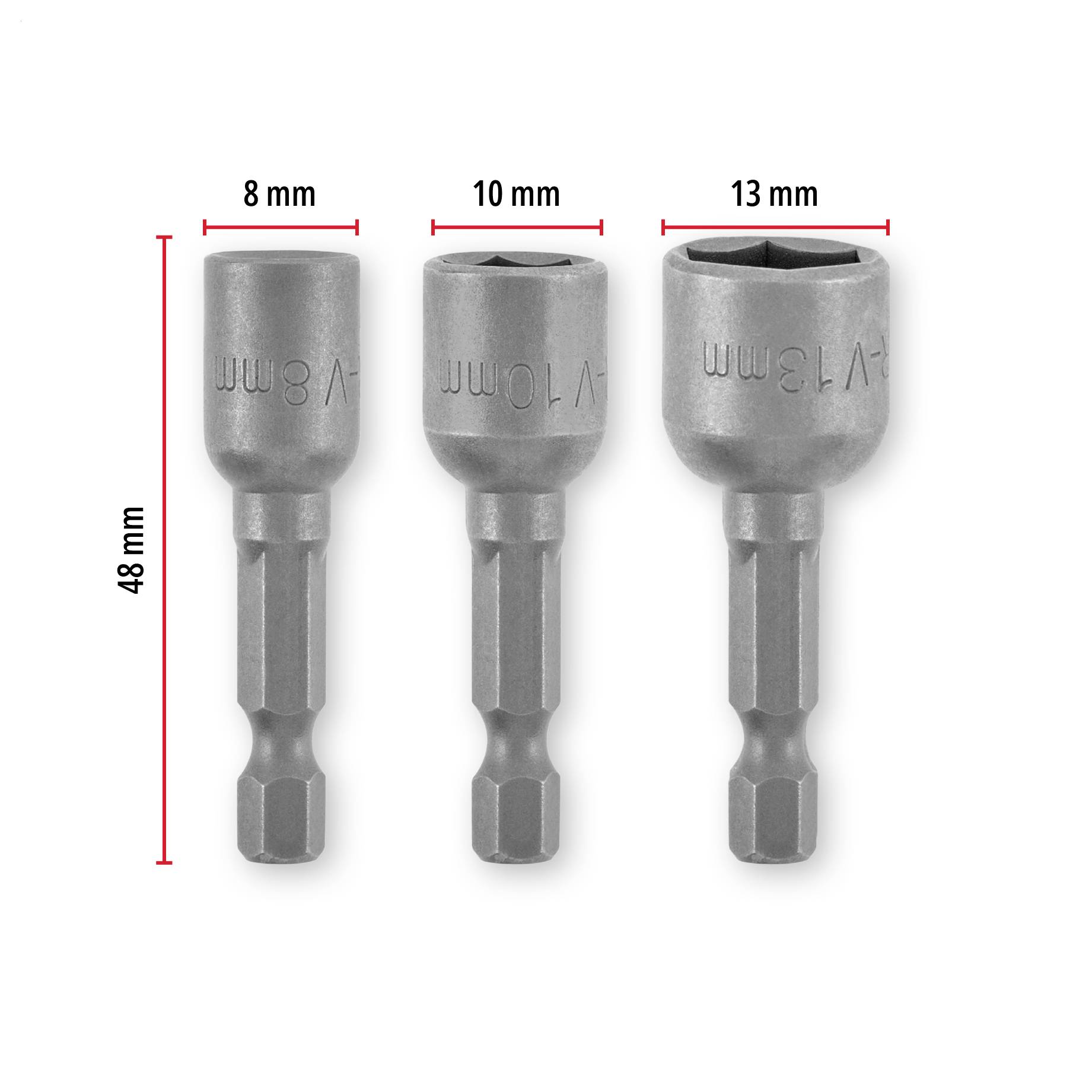 Drei Stecknüsse mit Sechskantschaft; Größen 8 mm, 10 mm und 13 mm, Höhe 48 mm.