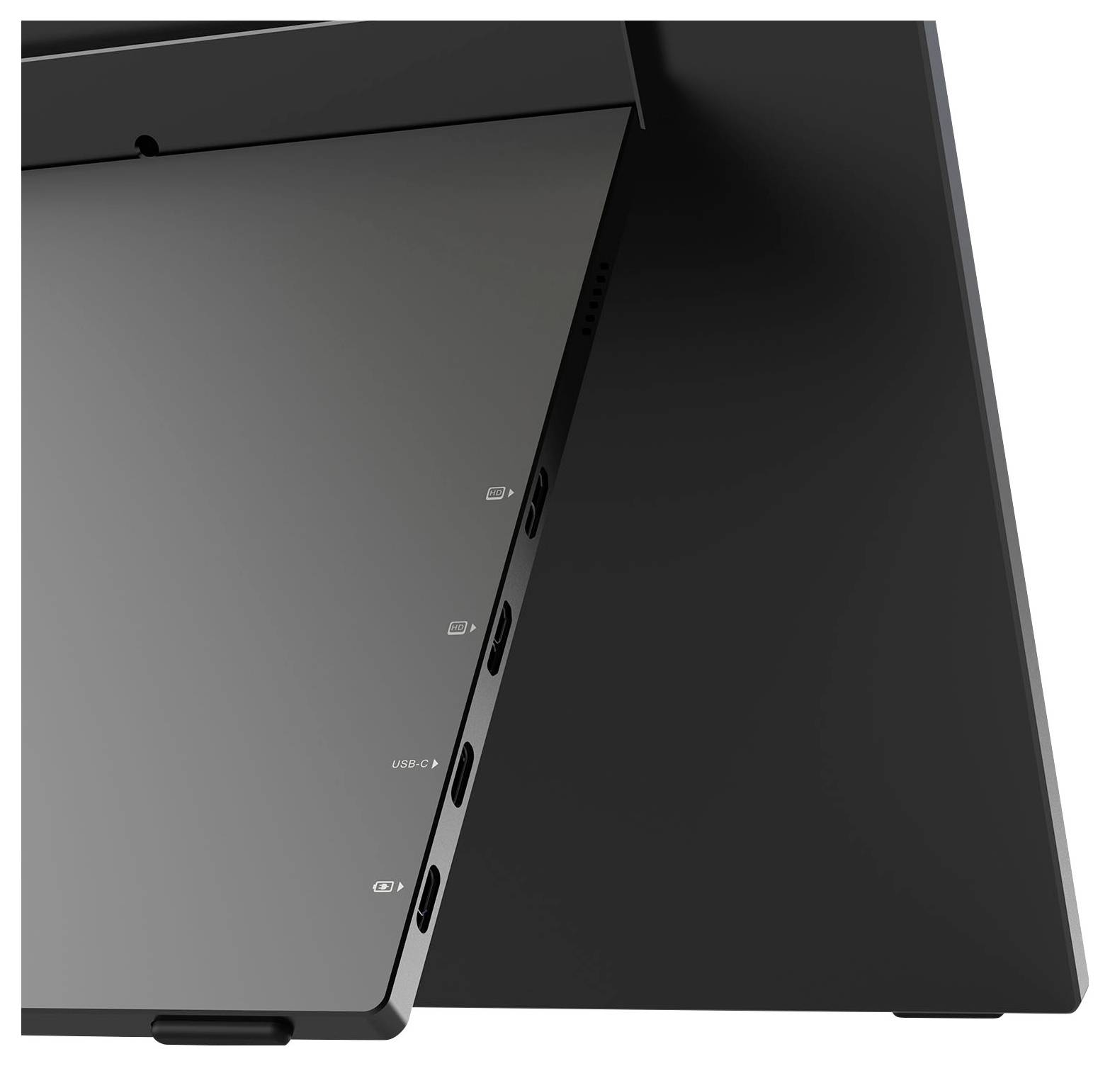 Rückansicht eines schwarzen Laptops oder Tablets mit einem klappbaren Ständer und seitlichen Anschlüssen, einschließlich USB-C- und Audiobuchsen-Indikatoren.