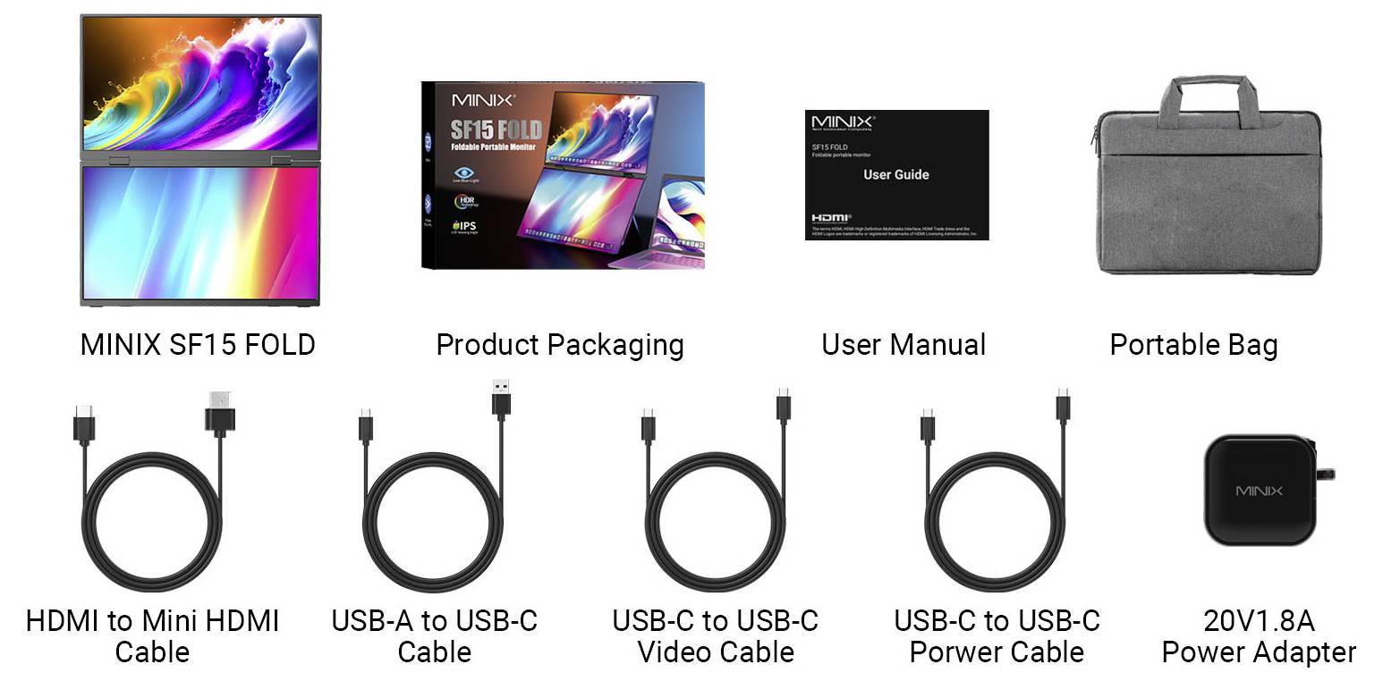 MINIX SF15 Fold Paketinhalt: faltbares Display, Produktbox, Benutzerhandbuch, tragbare Tasche, HDMI-zu-Mini-HDMI-Kabel, USB-A-zu-USB-C-Kabel, zwei USB-C-zu-USB-C-Kabel und 20V/1,8A-Netzteil.