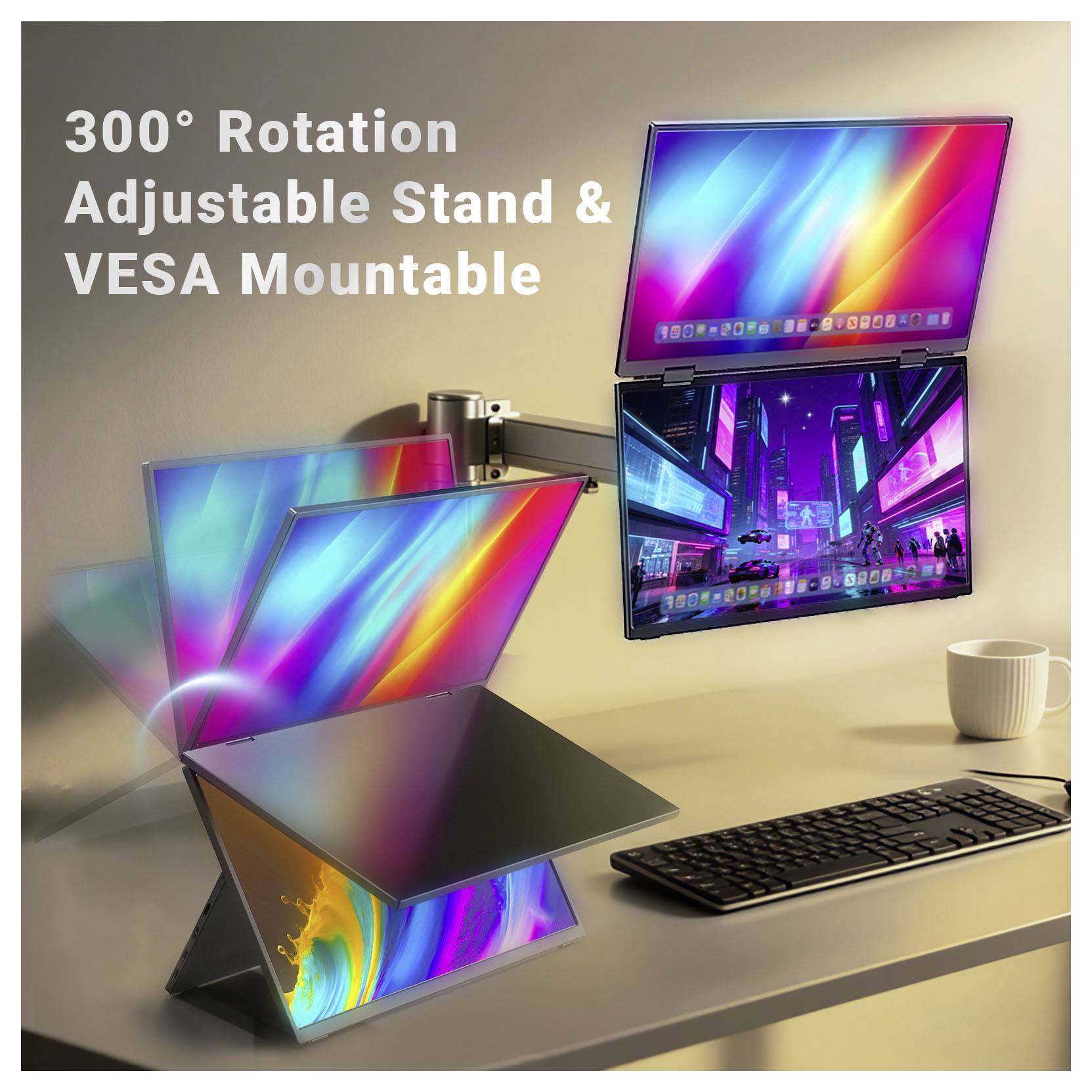 Werbebild einer tragbaren Triple-Screen-Monitor-Anordnung mit der Aufschrift „300° drehbarer Ständer & VESA-Montierbar