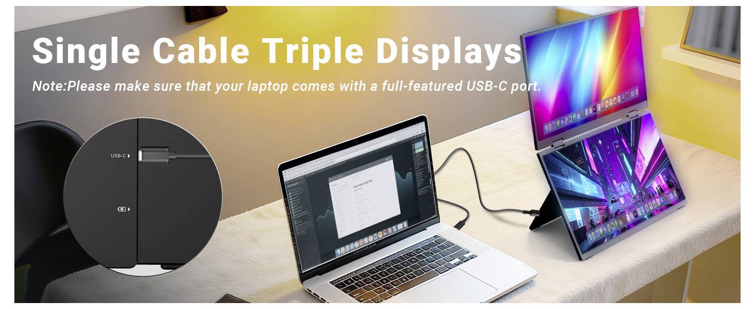 Laptop, das über ein einzelnes USB-C-Kabel mit einem Hub verbunden ist, der drei externe Displays antreibt; der Text sagt „Single Cable Triple Displays