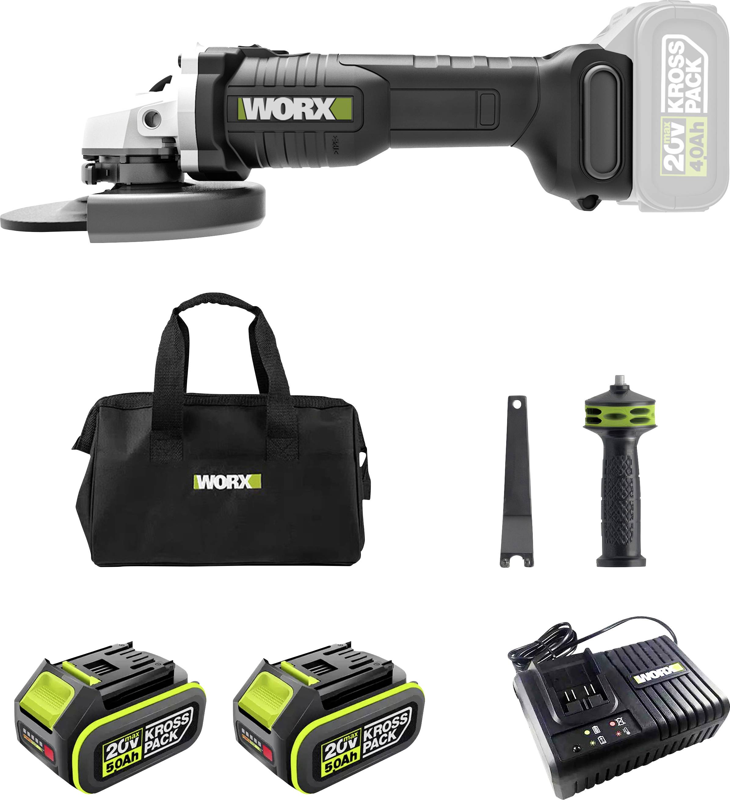 Worx Professional WU809.2 Akku-Winkelschleifer 125mm bürstenlos, inkl. 2. Akku, inkl. Ladegerät, mit Zubehör, inkl. Tasche 20V 5Ah