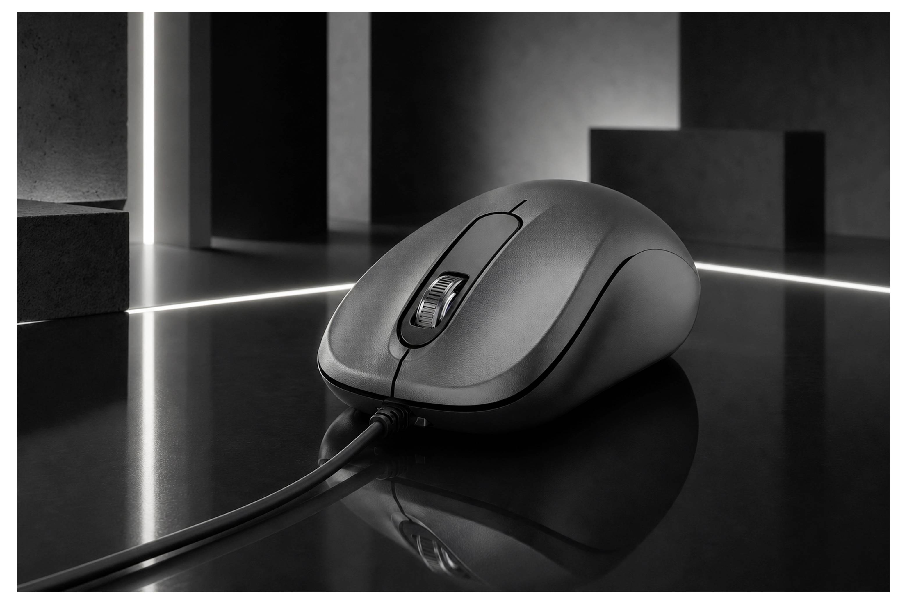 Schwarze kabelgebundene Computermaus auf einer glänzenden dunklen Oberfläche in einer minimalistischen Studioeinrichtung, mit sichtbarem Scrollrad und Kabel.