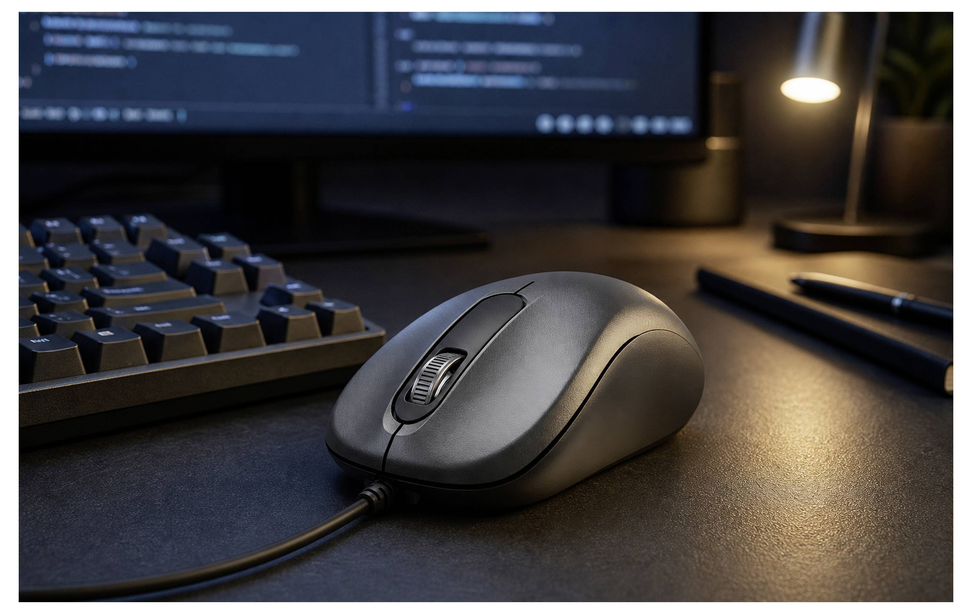 Computermaus auf einem Schreibtisch vor einem Monitor mit Code, Tastatur und Schreibtischlampe, was auf eine Arbeits- oder Programmierumgebung hindeutet.