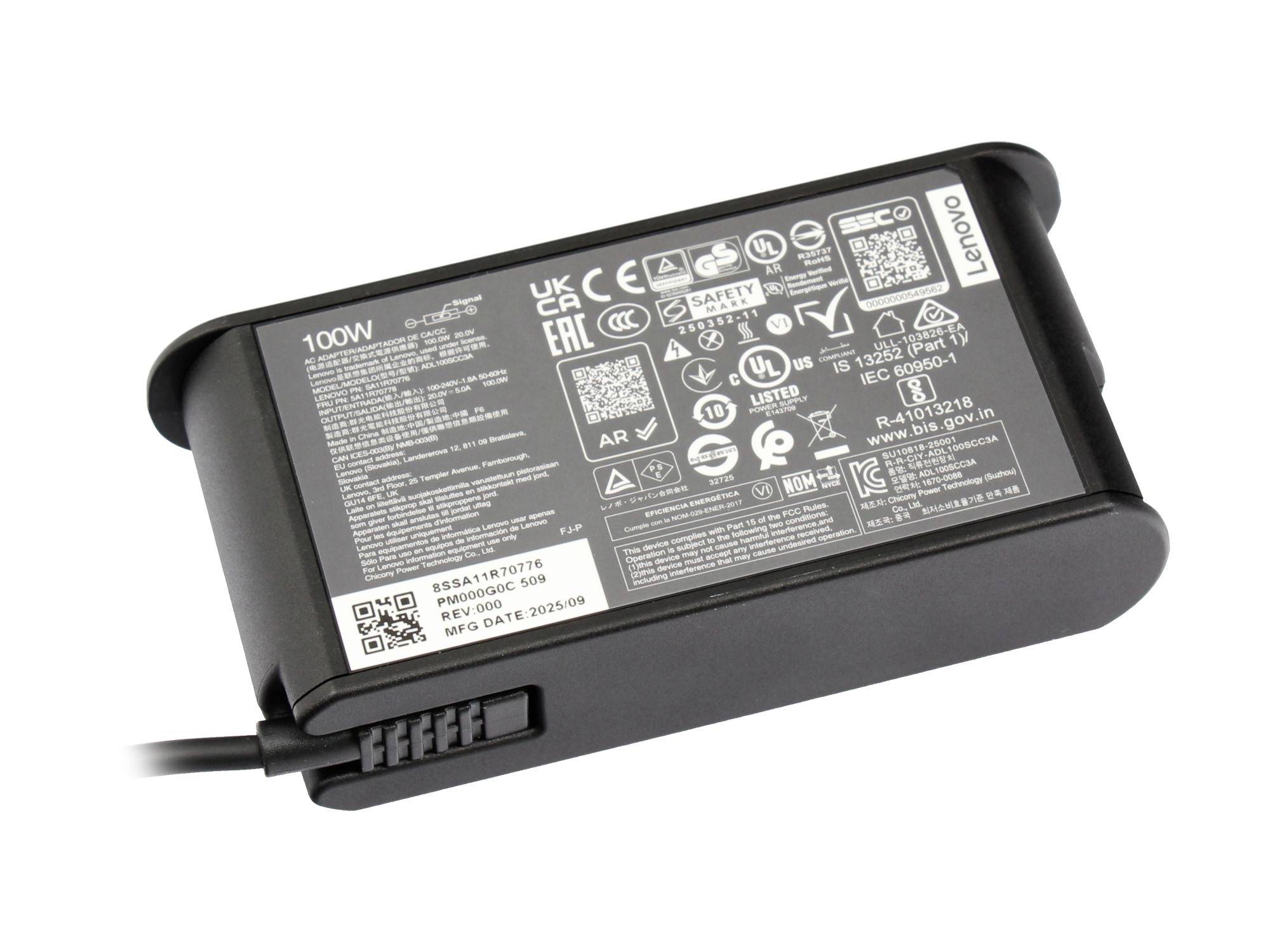 Lenovo 100W Laptop-Stromadapter mit angeschlossenem Kabel und Zulassungsbezeichnungen