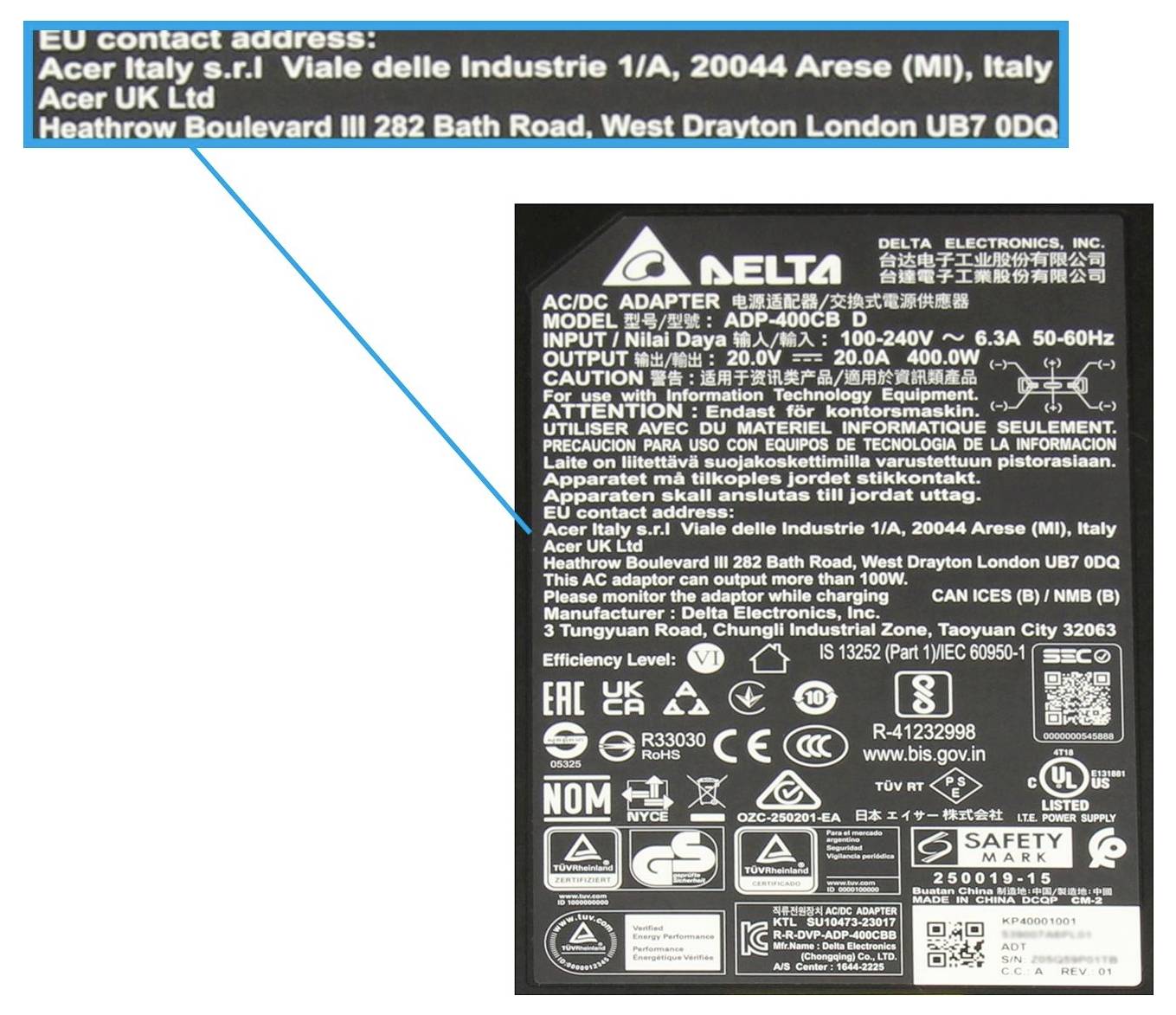 Foto eines Delta Electronics AC/DC-Adapter-Etiketts mit einer Hervorhebung der EU-Kontaktadressen in Italien und dem Vereinigten Königreich.
