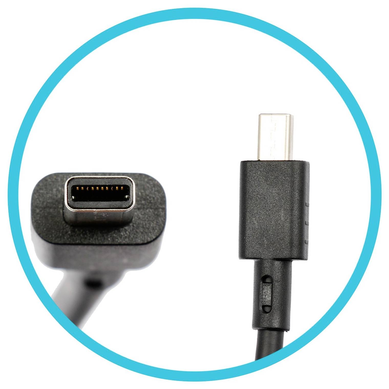 USB-C-Kabel mit Nahaufnahmen beider Steckverbinder an den Enden in einem blauen Kreis auf weißem Hintergrund.