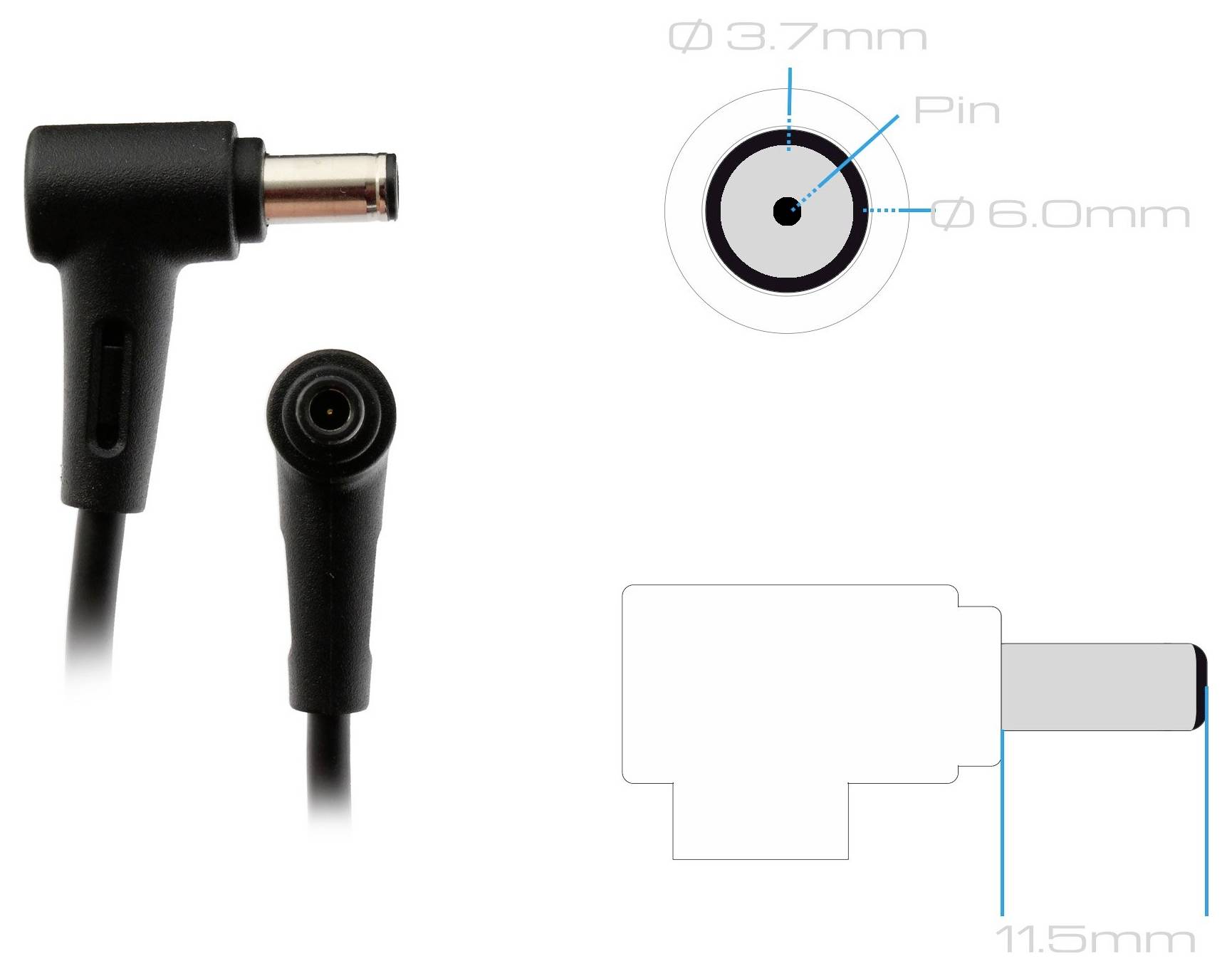 Diagramm eines rechtwinkligen DC-Stromsteckers mit den Abmessungen des Barrel-Steckers: 3,7 mm Pin, 6,0 mm Außendurchmesser, 11,5 mm Länge.