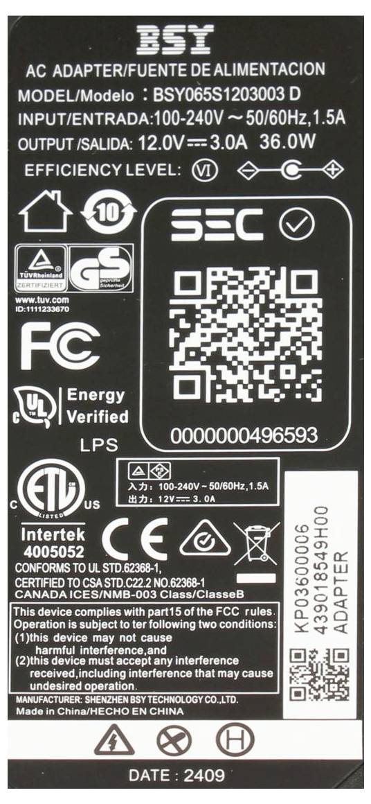 Lenovo-Laptop-Stromadapter mit angeschlossenem Kabel und Produktetiketten.