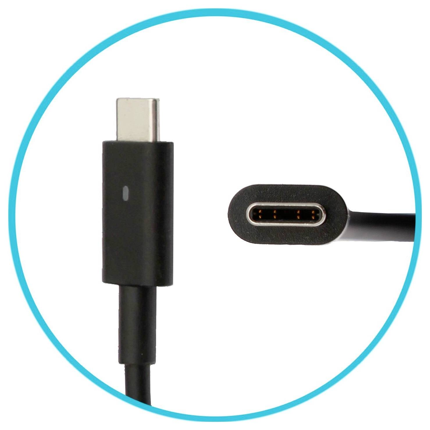 USB-C-Kabelstecker gezeigt in Vorder- und Seitenansicht in einem blauen Kreis auf weißem Hintergrund.