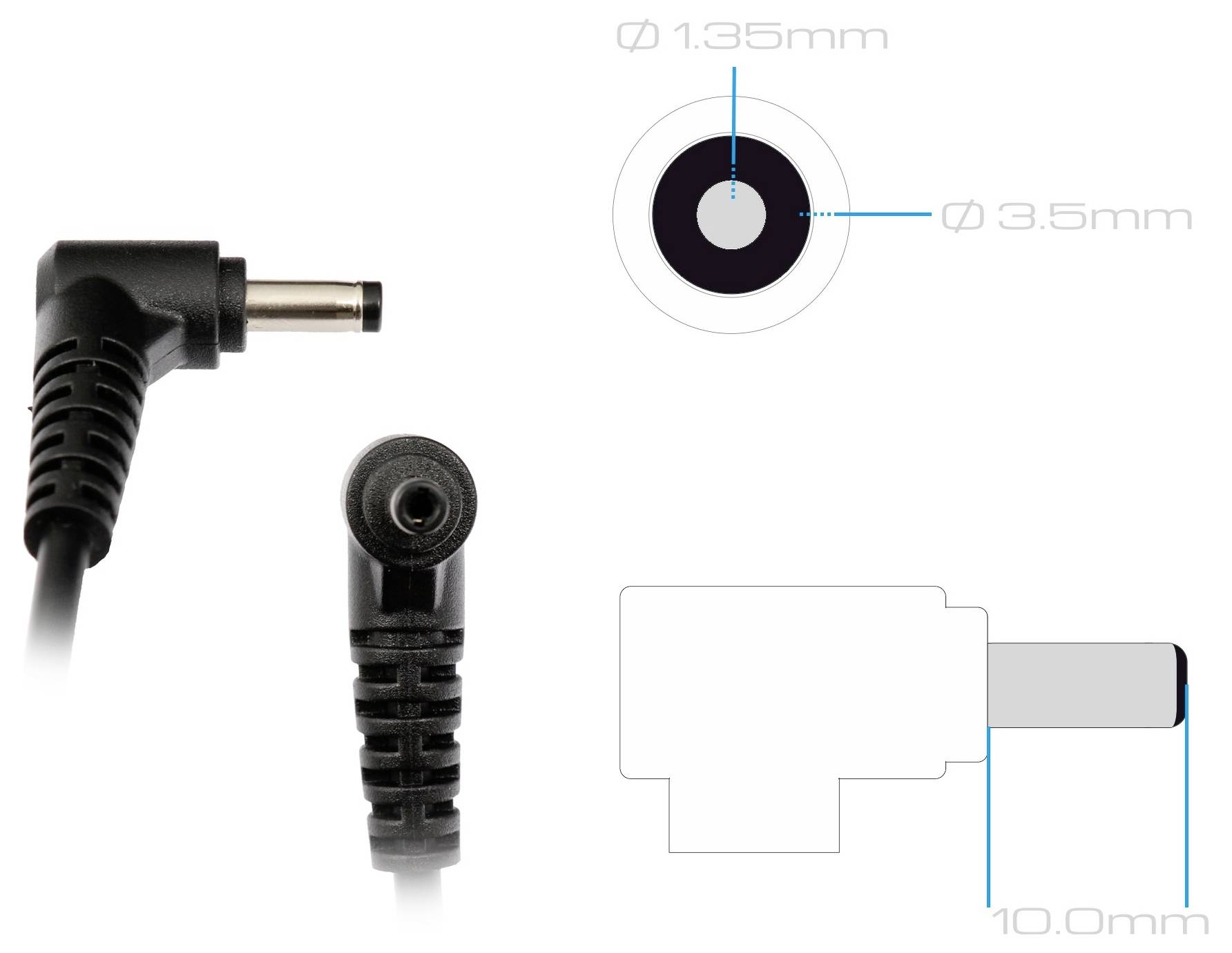 Illustration eines rechtwinkligen DC-Stromhohlsteckers mit beschrifteten Abmessungen: 1,35 mm Innendurchmesser und 3,5 mm Außendurchmesser, 10,0 mm Länge.