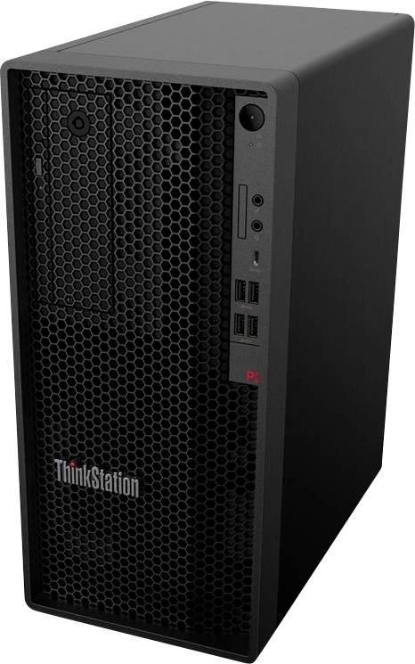 Schwarzer Lenovo ThinkStation Desktop-Tower mit Wabengitter an der Vorderseite und vorderen Power-, Audio-, USB- und Kartenleser-Anschlüssen.