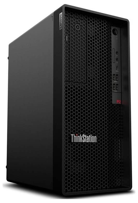 Schwarze Lenovo ThinkStation Tower-Workstation mit Mesh-Frontblende und Frontanschlüssen, gezeigt in einer Dreiviertel-Ansicht.