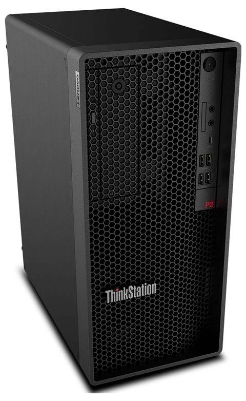 Vorderansicht eines Lenovo ThinkStation Desktop-Towers mit schwarzem Wabenrost und vorderen USB-Anschlüssen.