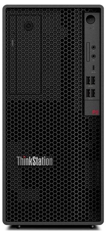 Vorderansicht eines schwarzen Lenovo ThinkStation Desktop-Turms mit Wabenstruktur-Gitter und Frontpanel-Anschlüssen, Logo in der Nähe des unteren Bereichs.