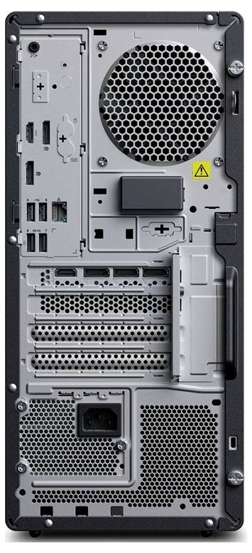 Rückseite eines Desktop-Tower-PCs mit hinteren Ein-/Ausgabeanschlüssen, Erweiterungssteckplätzen, Netzteilbelüftung und Warnschild.