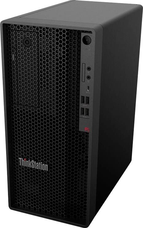Schwarzer Lenovo ThinkStation Desktop-Tower mit Wabenfront-Gitter und vorderen USB- und Audio-Anschlüssen.