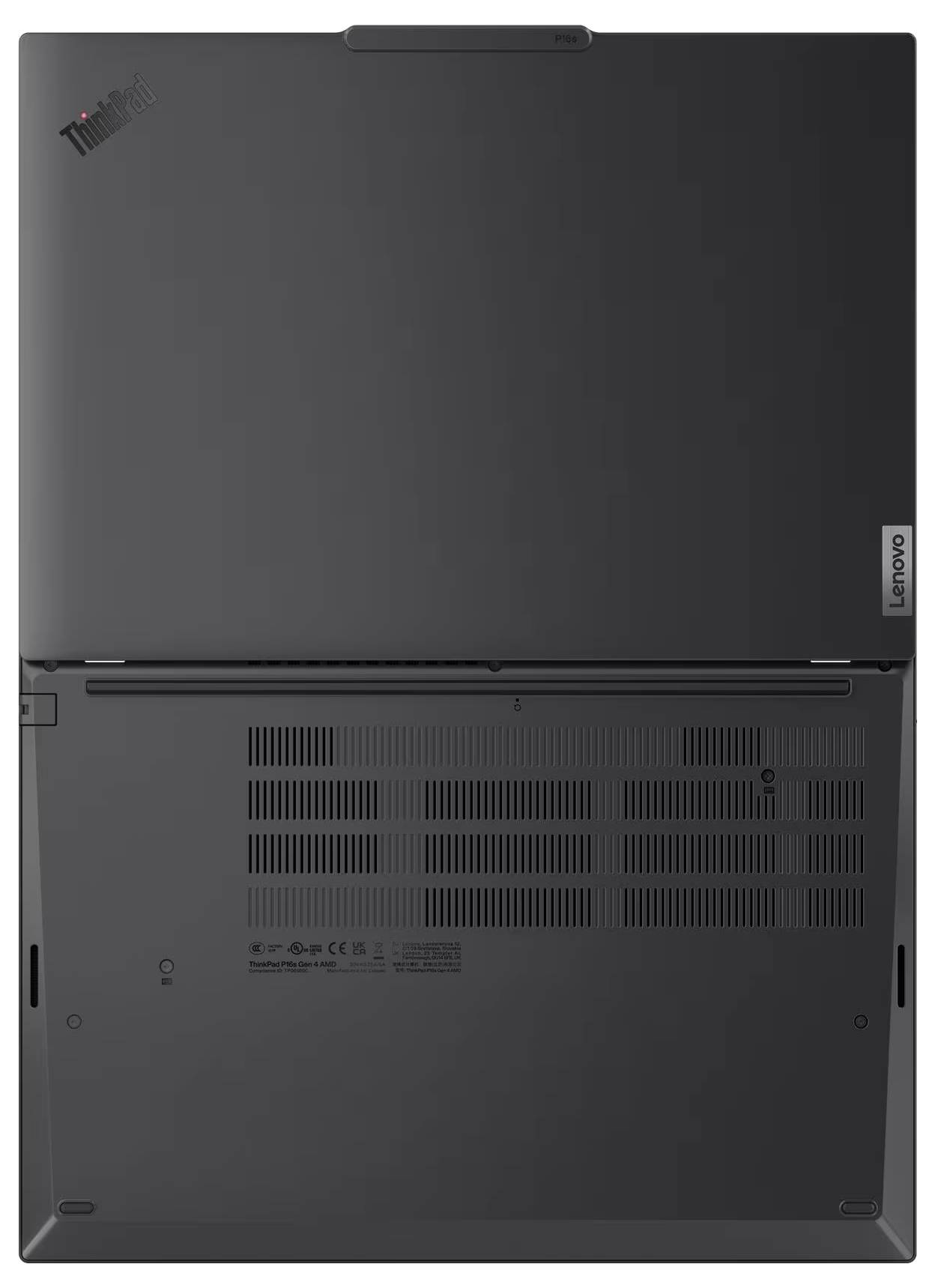 Ansicht von unten eines Lenovo ThinkPad-Laptops, auf der die Bodenpaneele, Lüftungsöffnungen und Scharniere zu sehen sind.