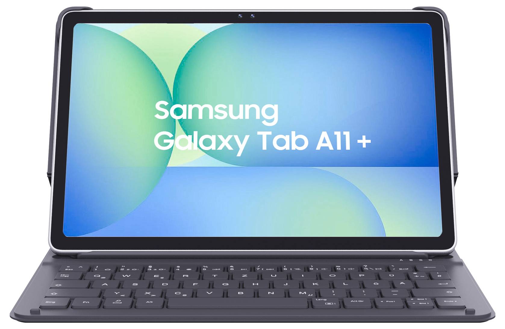 Samsung Galaxy Tab A11+ Tablet, das auf einer Tastaturhülle angezeigt wird und den Produktnamen auf einem blaugrünen Bildschirm anzeigt.
