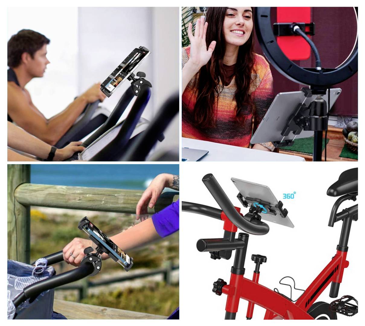 Collage, das ein auf Trainingsgeräten montiertes Tablet und einen Fahrradlenker zeigt, die für freihändiges Anschauen während des Trainings oder Filmens verwendet werden.